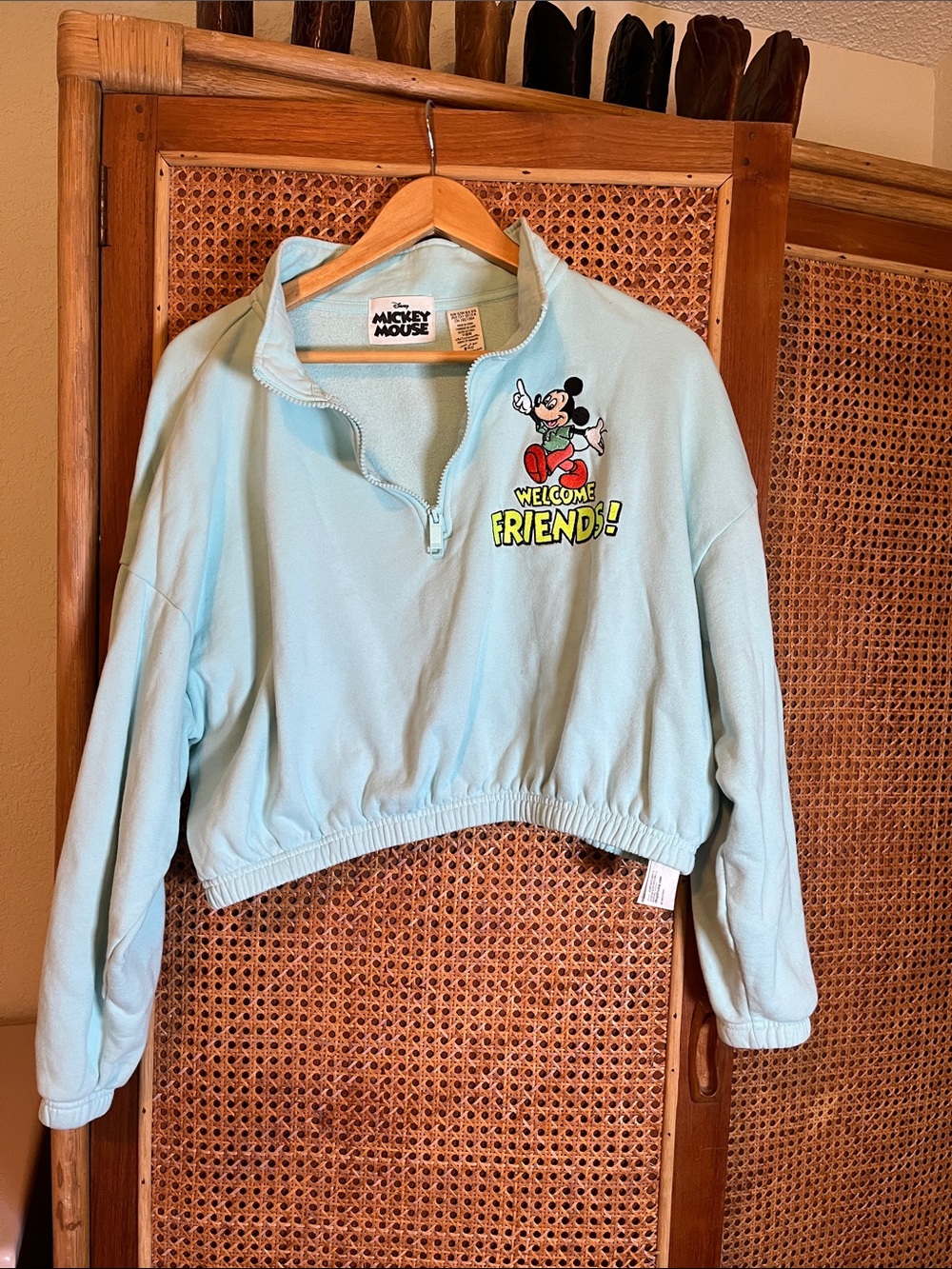 Women’s Vintage Disney Light Blue Cropped Pullover with Mickey Mouse Size XL